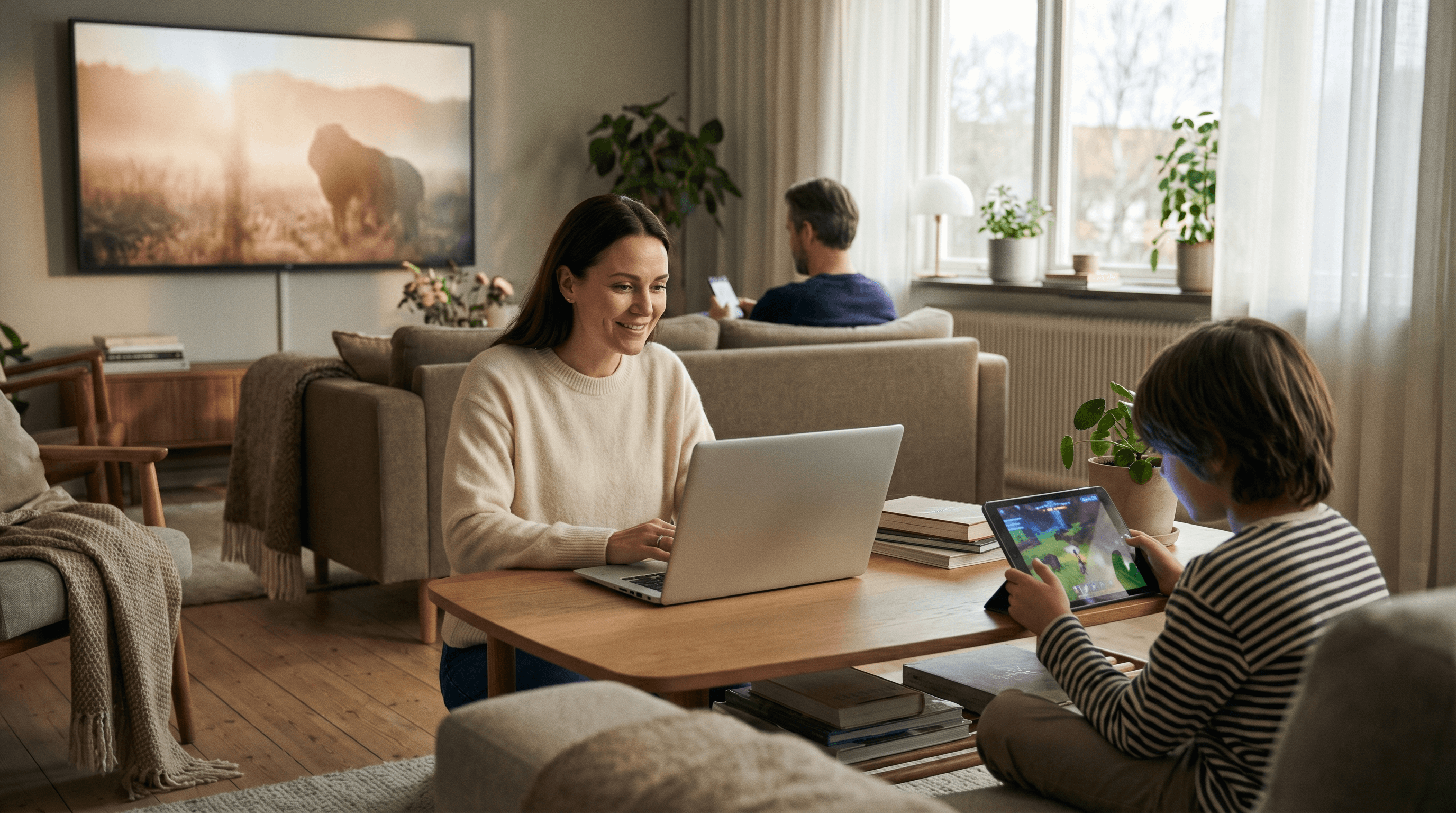 Familie som koser seg i sofaen